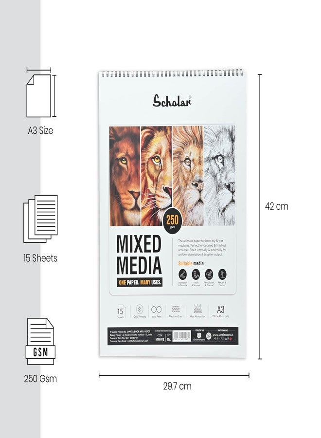 Scholar Mixed Media Paper - 250 GSM Cold Pressed Medium Grain | 15 Sheets | Premium Artist Paper for Watercolour, Acrylic, Ink, Pencil & Mixed Media Art Practice (Wiro) (A3) (MMW3) - Image 2